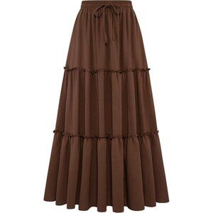 Elegant Women's Long Maxi Skirt, High Waist Pleated Ruffle & Practical Pockets